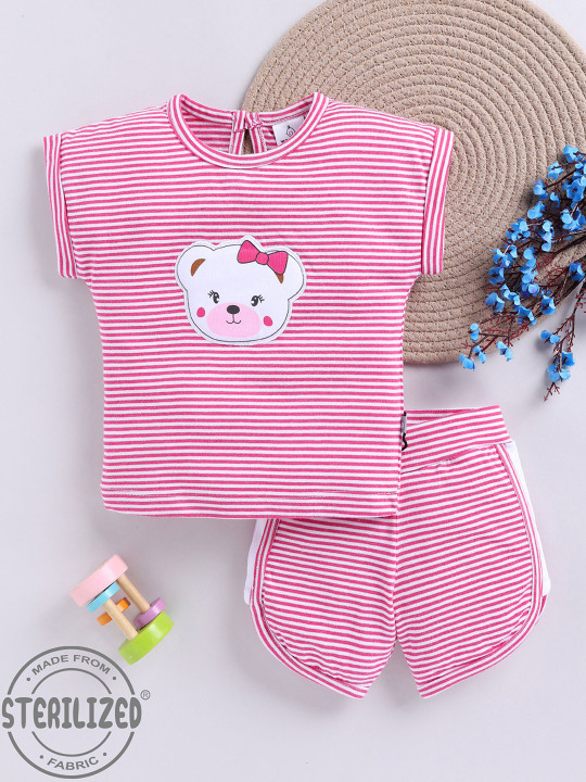 TINYO Infant Girls Striped Top & Shorts Set (Pink, Pack of 1)