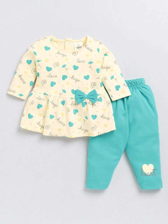 Tinyo Infant Girls Printed Cotton Blend Tunic & Leggings Set (Cream & Green, Pack Of 1)