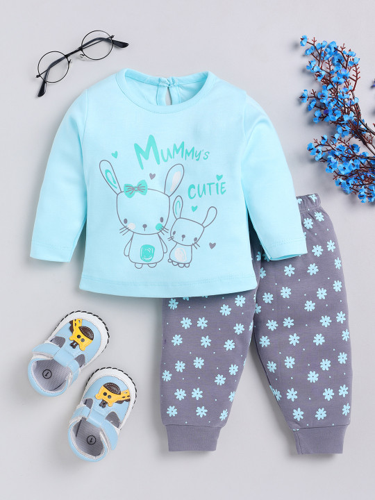 Tinyo Infant Girls Printed Pure Cotton T-Shirt & Joggers Set (Blue & Grey, Pack Of 1)