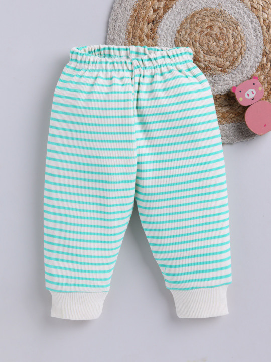 TINYO Infant Girls Striped Cotton Joggers (White & Green, Pack of 1)