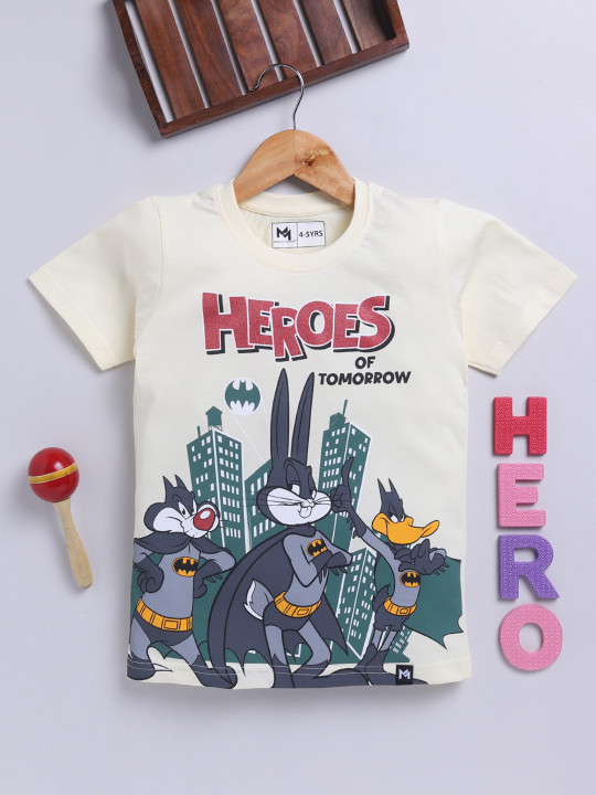 Minute Mirth Looney Tunes Graphic Printed Pure Cotton T-Shirt For Boys (Cream & Red, Pack Of 1)