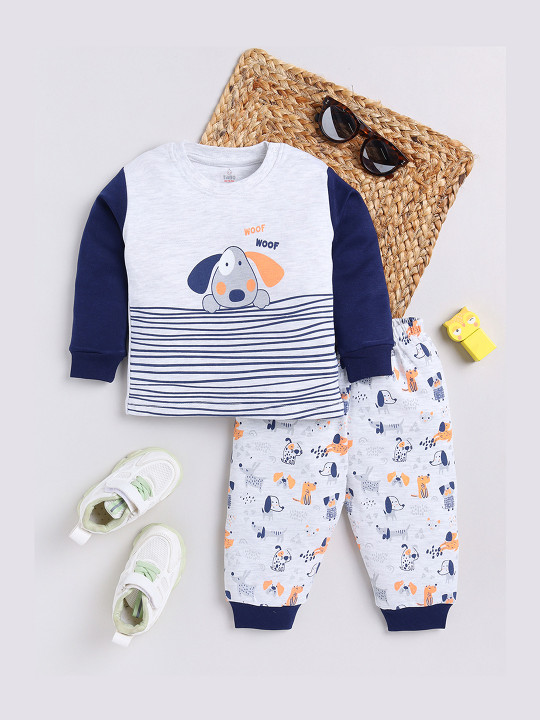 TINYO Infant Boys Printed Pure Cotton T-Shirt with Joggers (Grey & Navy Blue, Pack of 1)