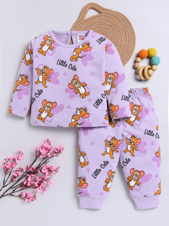 TINYO Infant Girls Tom & Jerry Printed Pure Cotton Clothing Set (Purple, Pack of 1)