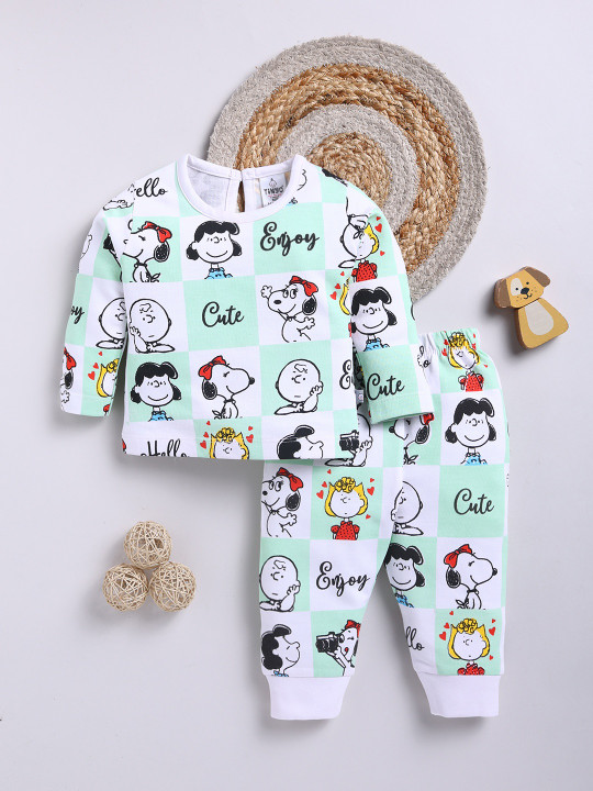 TINYO Infant Girls Peanuts Printed Pure Cotton T-Shirt with Joggers (White, Pack of 1)
