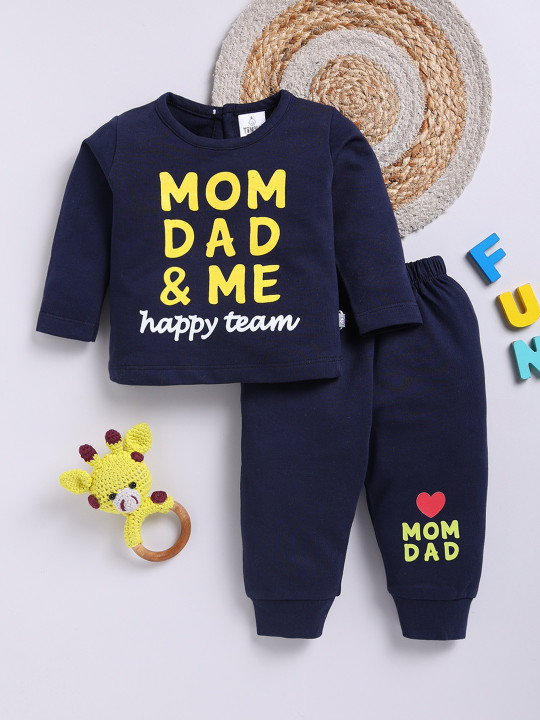 Tinyo Infant Girls Typography Printed Pure Cotton T-Shirt with Joggers – (Navy Blue, Pack of 1)