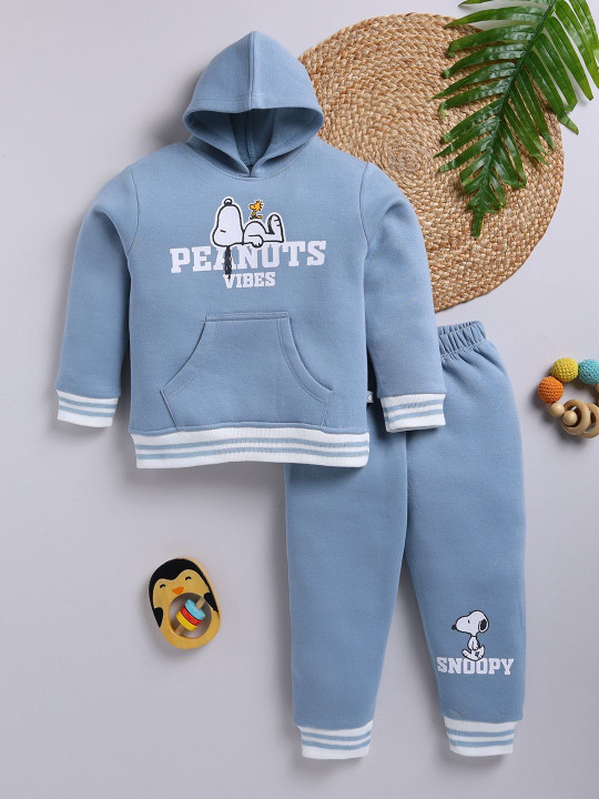 TINYO Infant Boys Peanuts Printed Hooded Sweatshirt & Joggers Set (Blue, Pack of 1)