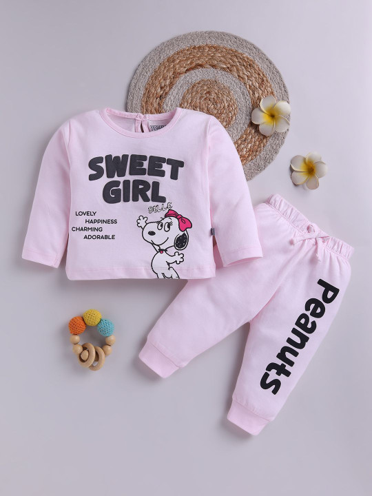 Tinyo Girls Peanuts Cotton Blend Printed Sweatshirt with Trousers Set (Pink, Pack Of 1)