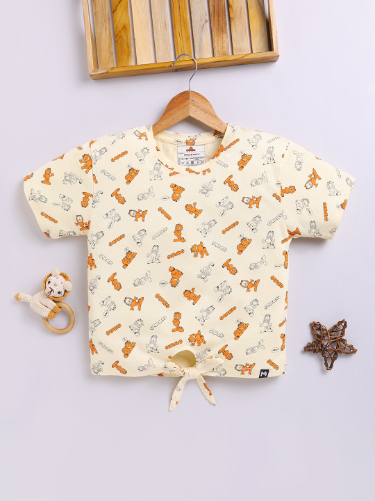 Minute Mirth Girls Garfield Printed Crop Top (Cream, Pack of 1)