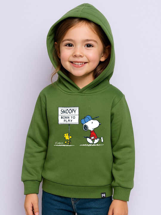 Minute Mirth Girls Peanuts Printed Fleece Hooded Sweatshirt (Green, Pack of 1)