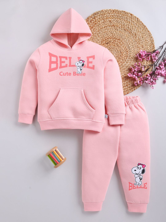 TINYO Infant Girls Peanuts Printed Hooded Sweatshirt & Joggers Set (Pink, Pack of 1)