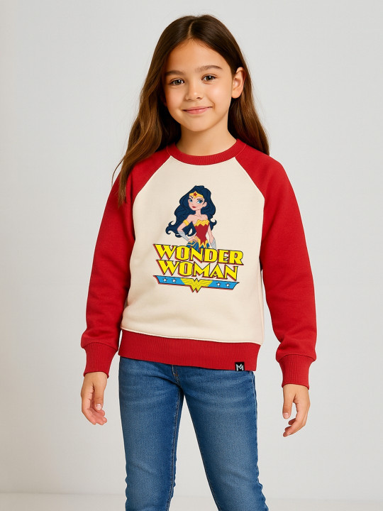 Minute Mirth Girls Wonder Woman Printed Fleece Sweatshirt (Off-White, Pack of 1)