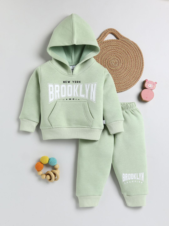 TINYO Infant Boys Printed Hooded Sweatshirt & Joggers Set (Green, Pack of 1)