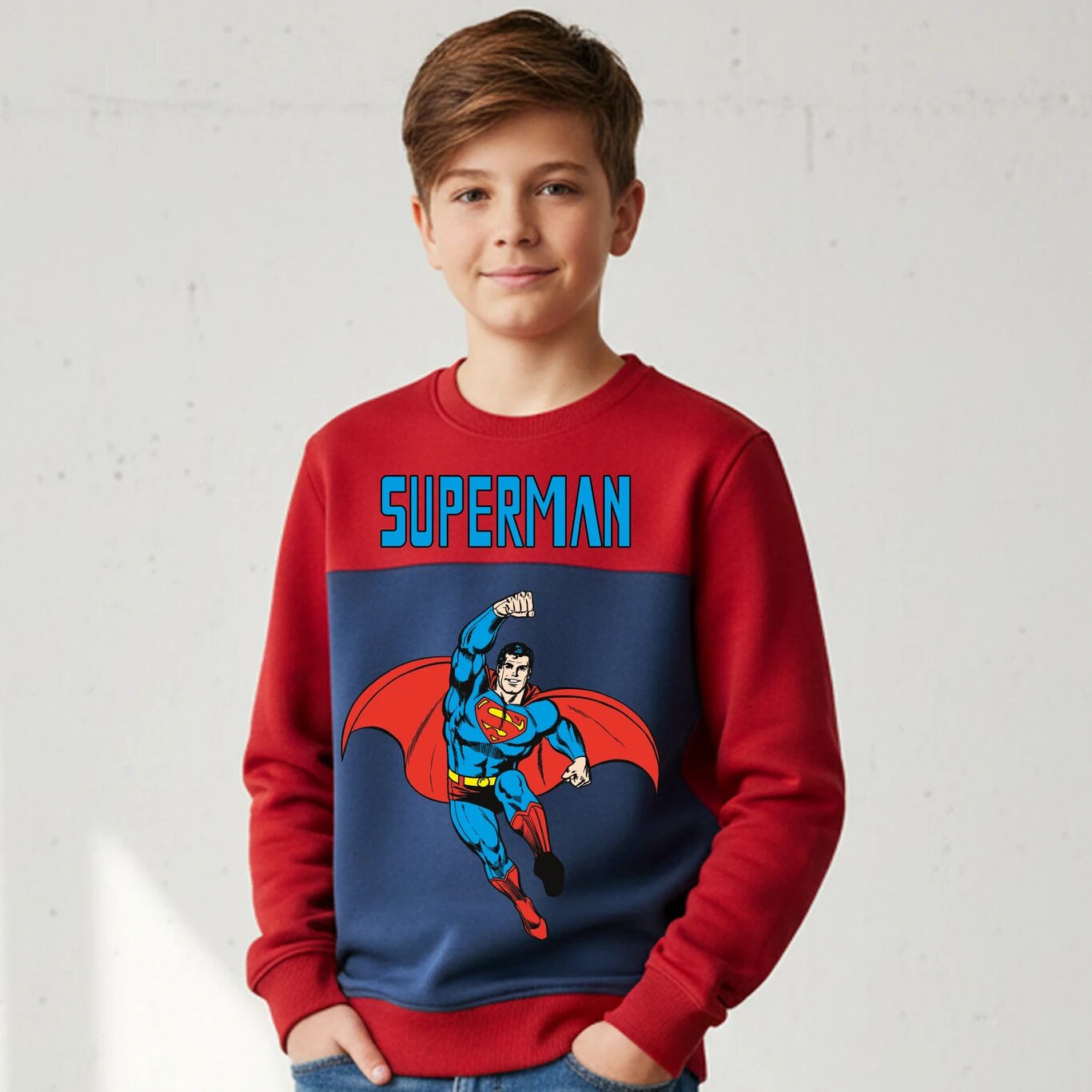 Minute Mirth Boys Superman Printed Fleece Sweatshirt (Red, Pack of 1)