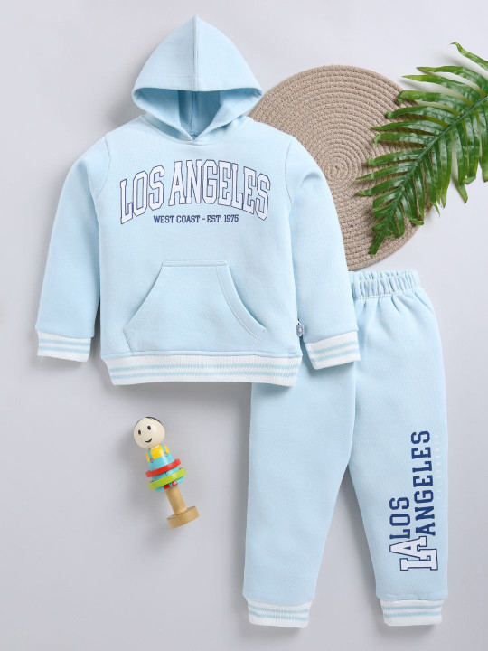 TINYO Infant Boys Printed Hooded Sweatshirt & Joggers Set (Blue, Pack of 1)