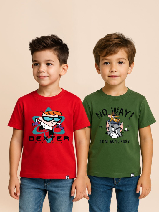 Minute Mirth Boys Pack Of 2 Tom & Jerry and Dexter Printed T-Shirts (Multicolor, Pack Of 2)