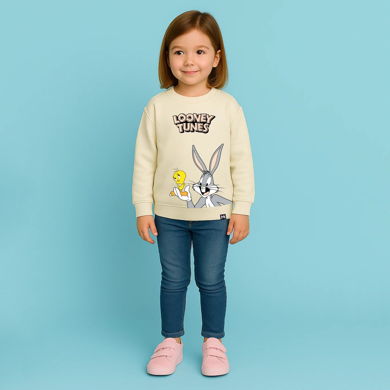 MINUTE MIRTH Girls Looney Tunes Printed Fleece Full Sleeve Sweatshirt (Butter, Pack Of 1)