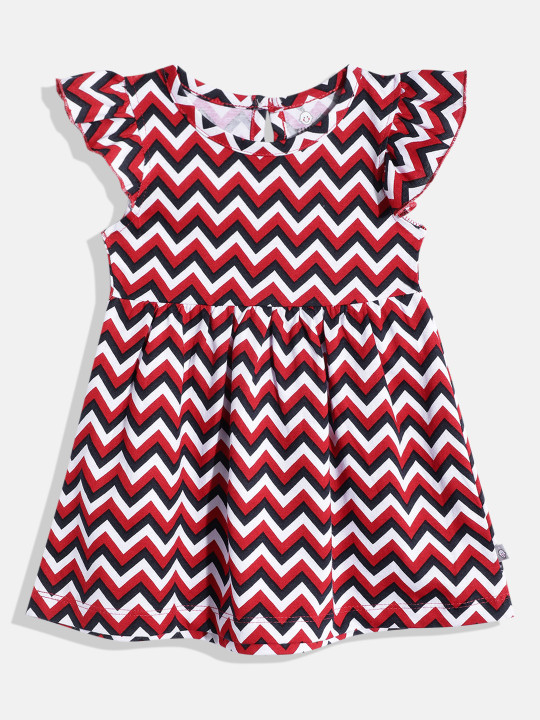 Girls Printed Cotton Fit & Flare Dress with Flutter Sleeves (Red & Black, Pack Of 1)