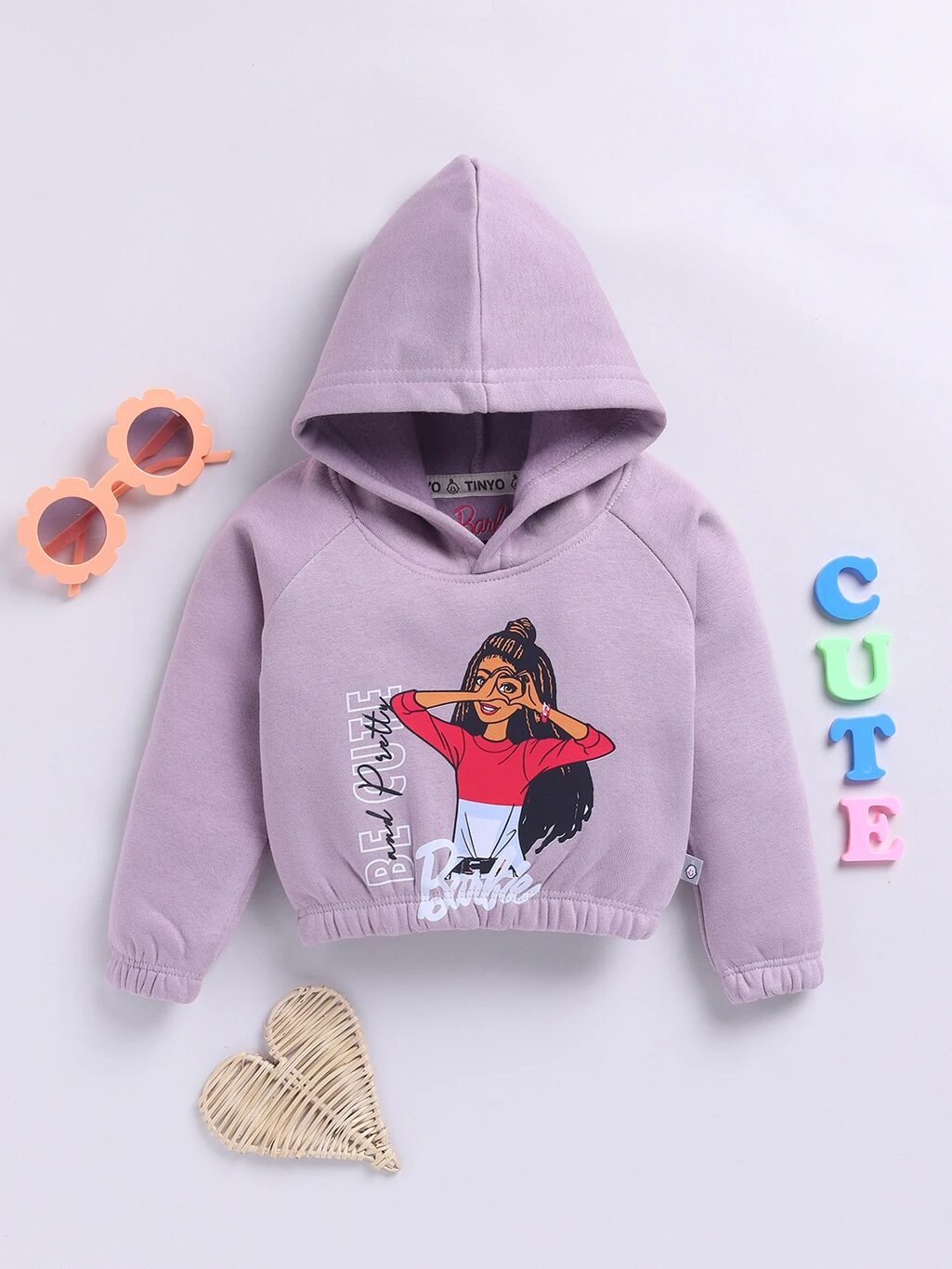 Tinyo Barbie Fleece Printed Hooded Sweatshirt Girls (MAUVE, Pack Of 1)