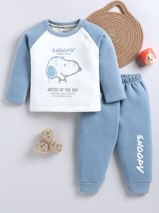 TINYO Infant Boys Peanuts Printed Round Neck T-shirt & Joggers Set (Blue, Pack of 1)