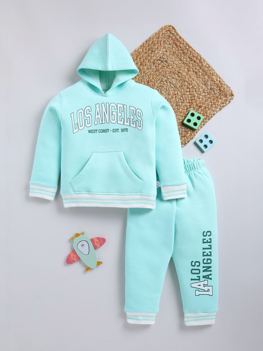 TINYO Infant Boys Printed Hooded Sweatshirt & Joggers Set (Turquoise Blue, Pack of 1)