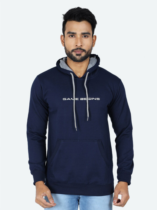 GAME BEGINS Men’s Fleece Typography Printed Hooded Pullover Sweatshirt (Blue, Pack Of 1)