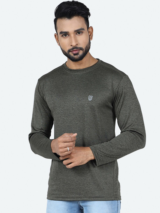 GAME BEGINS Men Solid Full Sleeve Round Neck T-shirt (Olive Green, Pack of 1)