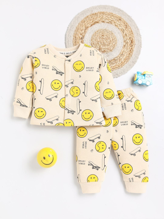 TINYO Infant Boys Smiley World Printed Sweatshirt & Joggers Set (Beige, Pack of 1)
