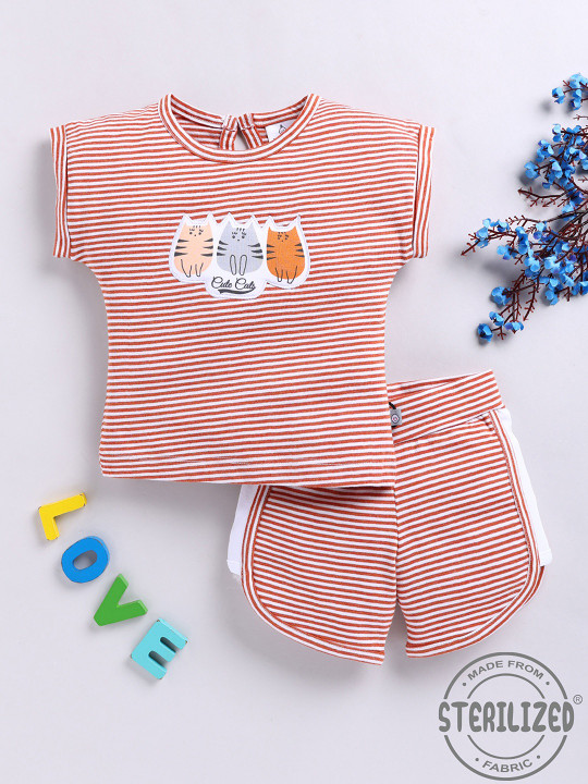 TINYO Infant Girls Striped Top & Shorts Set (Brown, Pack of 1)