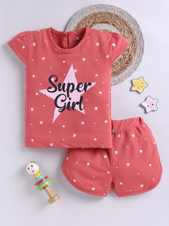 TINYO Girls Conversational Print Top & Shorts Set (Peach, Pack of 1)