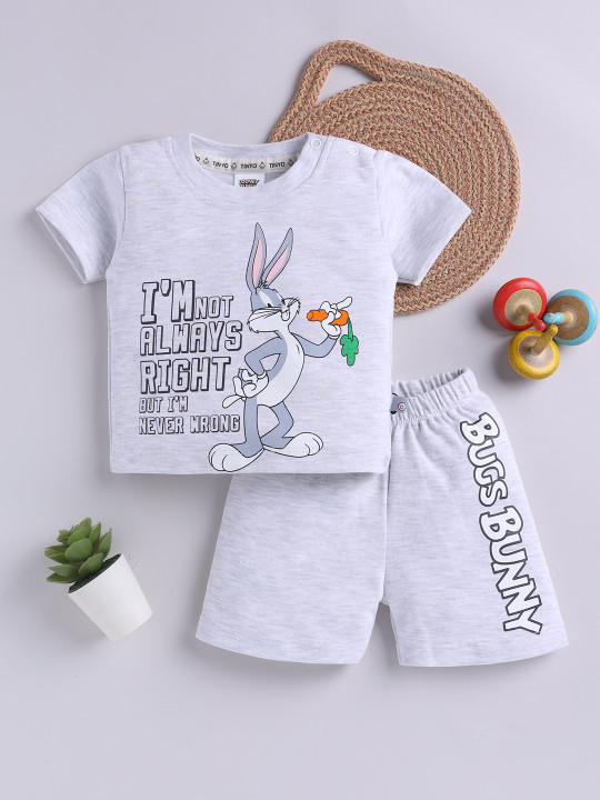 TINYO Infant Boys Looney Tunes Printed Cotton T-Shirt & Shorts Set (Grey, Pack of 1)