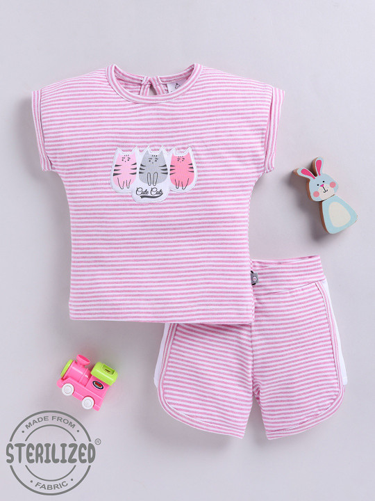 TINYO Infant Girls Striped Top & Shorts Set (Pink, Pack of 1)