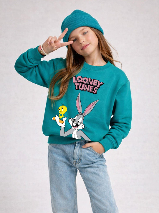 Minute Mirth Girl’s Looney Tunes Printed Fleece Sweatshirt (Teal, Pack Of 1)