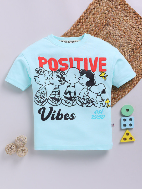 Tinyo Peanuts Printed Cotton T-Shirt For Boys (Blue & Black, Pack Of 1)