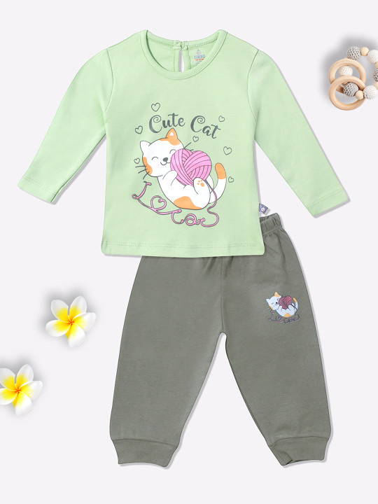 Tinyo Infant Girls Printed Pure Cotton T-Shirt & Joggers Set (Green, Pack Of 1)