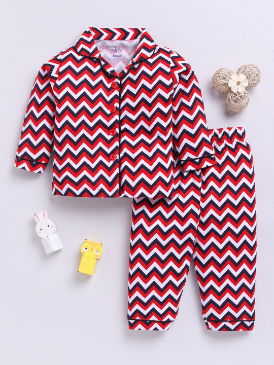 TINYO Infant Boys Geometric Printed Cotton Night Suit (Red & Black, Pack of 1)