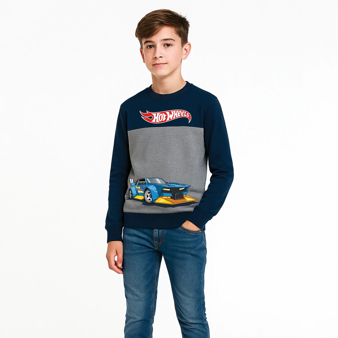 Minute Mirth Boys Hot Wheels Printed Fleece Sweatshirt (Dark Blue, Pack of 1)