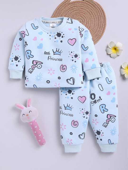 TINYO Infant Girls Printed Sweatshirt & Pyjamas Set (Blue, Pack of 1)