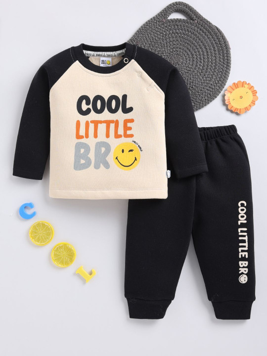 TINYO Infant Boys Smiley World Printed Round Neck T-shirt & Joggers Set (Black, Pack of 1)