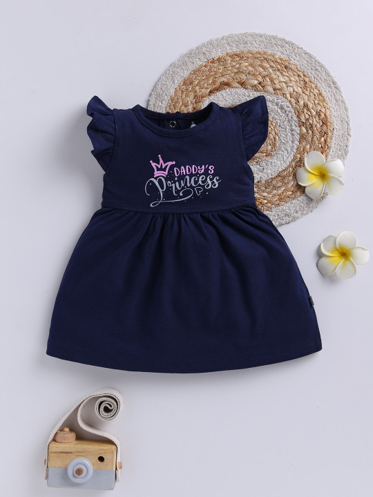 TINYO Infant Girls Printed Flutter Sleeve Fit & Flare Dress (Navy Blue, Pack of 1)