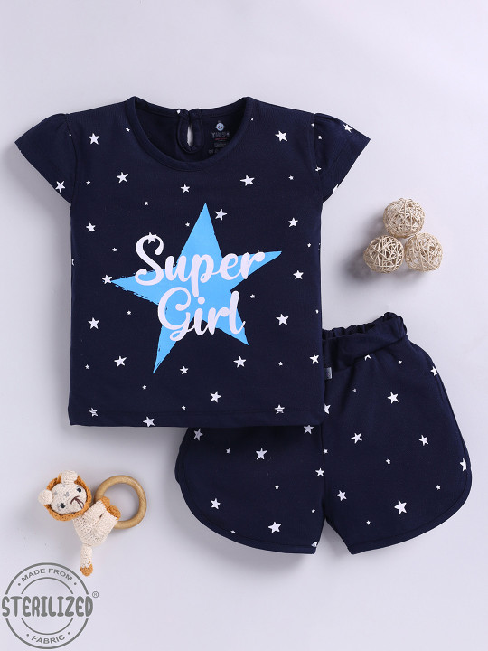 TINYO Girls Conversational Print Top & Shorts Set (Navy Blue, Pack of 1)