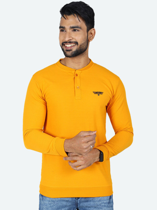GAME BEGINS Men Solid Henley Neck Long Sleeve Pure Cotton T-Shirt (Yellow, Pack of 1)