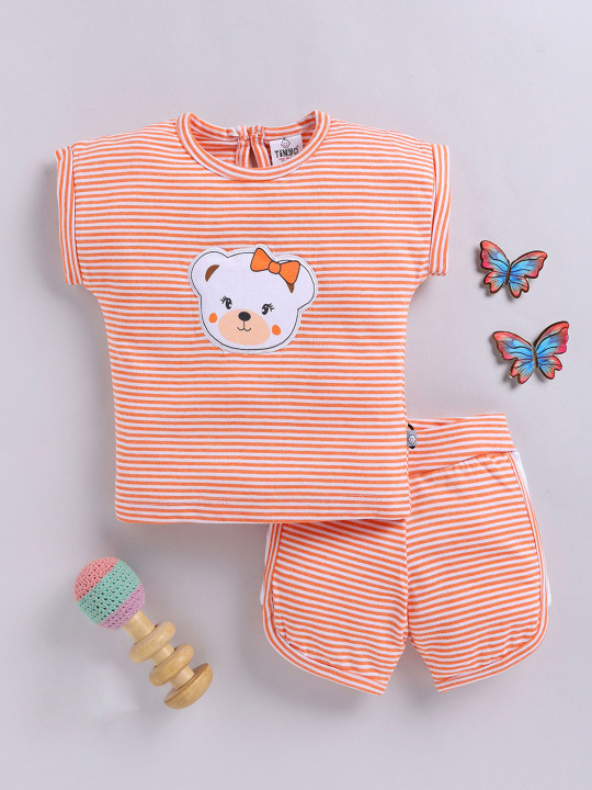 TINYO Infant Girls Striped Top & Shorts Set (Orange, Pack of 1)