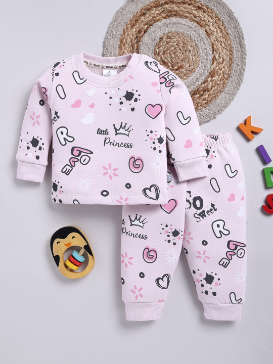 TINYO Infant Girls Printed Sweatshirt & Pyjamas Set (Pink, Pack of 1)