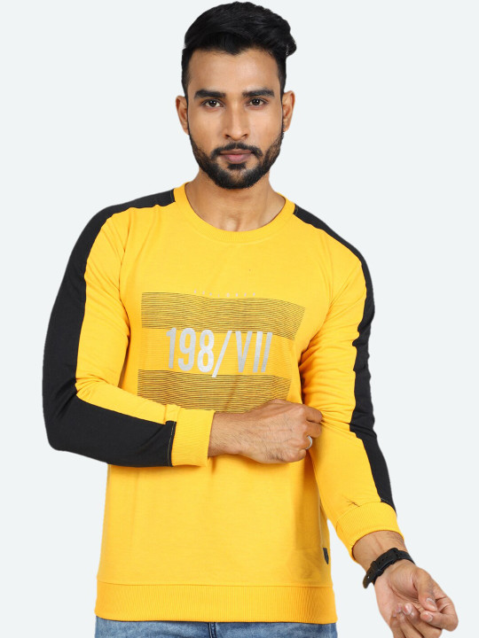 GAME BEGINS Men Round Neck Fleece Pullover Sweatshirt (Yellow & Black, Pack of 1)
