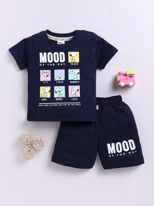 Tinyo Snoopy Printed Pure Cotton T-Shirt & Shorts Set For Boys (Navy Blue, Pack Of 1)
