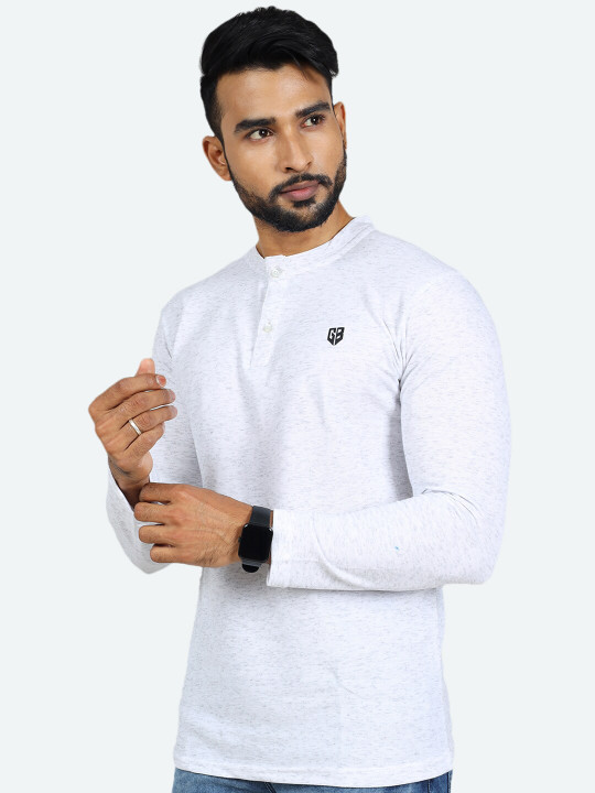 GAME BEGINS Men Solid Henley Neck Long Sleeve Pure Cotton T-Shirt (White, Pack of 1)