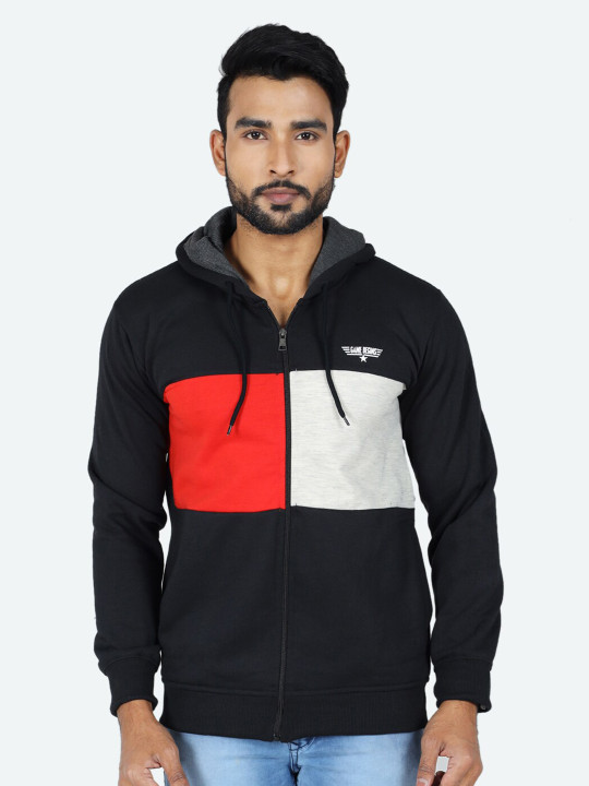 GAME BEGINS Men Colourblocked Hooded Front-Open Fleece Sweatshirt (Black, Pack of 1)