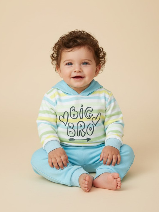 TINYO Infant Boys Typography Printed Hooded Pure Cotton T-Shirt (Blue, Pack of 1)