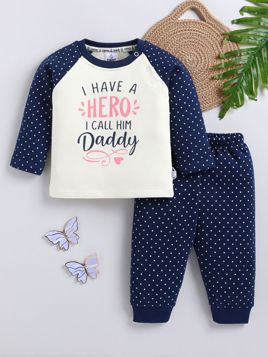 TINYO Infant Girls Printed Round Neck T-shirt & Joggers Set (Navy Blue, Pack of 1)