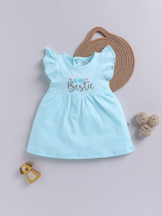 TINYO Infant Girls Printed Flutter Sleeve Fit & Flare Dress (Blue, Pack of 1)